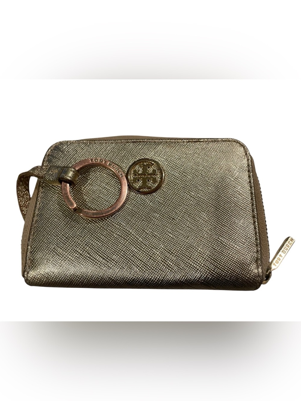 Tory Burch Textured Wallet Coin Pouch Gold Zip Around Key Chain Logo Mini 4.5x3